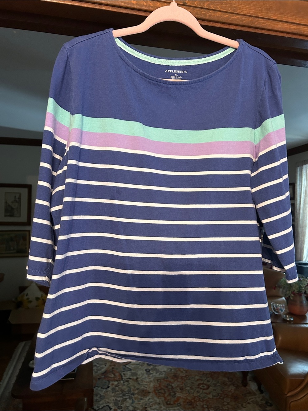 Appleseed's Navy Long Sleeve Striped Tee with Mint and Lavender Bands